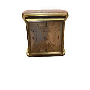 Vintage Ideal Travel Alarm Clock With Brown Leatherette Case & Gold-Tone Frame